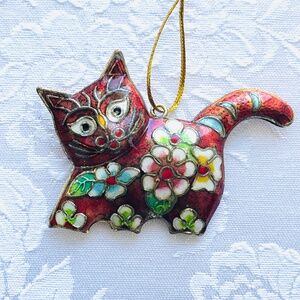 Vintage Cloisonné Cat Figurine – Brown Floral